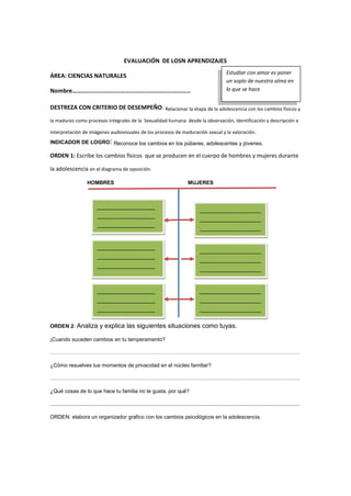 EVALUACIÓN DE LOSN APRENDIZAJES
ÁREA: CIENCIAS NATURALES
Nombre………………………….…………….…………………………
DESTREZA CON CRITERIO DE DESEMPEÑO: Relacionar la etapa de la adolescencia con los cambios físicos y
la madurez como procesos integrales de la Sexualidad humana desde la observación, identificación y descripción e
interpretación de imágenes audiovisuales de los procesos de maduración sexual y la valoración.
INDICADOR DE LOGRO: Reconoce los cambios en los púberes, adolescentes y jóvenes.
ORDEN 1: Escribe los cambios físicos que se producen en el cuerpo de hombres y mujeres durante
la adolescencia en el diagrama de oposición.
HOMBRES MUJERES
ORDEN 2: Analiza y explica las siguientes situaciones como tuyas.
¡Cuando suceden cambios en tu temperamento?
……………………………………………………………………………………………………………………………
¿Cómo resuelves tus momentos de privacidad en el núcleo familiar?
……………………………………………………………………………………………………………………………
¿Qué cosas de lo que hace tu familia no te gusta, por qué?
.........................................................................................................................................................................
ORDEN: elabora un organizador grafico con los cambios psicológicos en la adolescencia.
Estudiar con amor es poner
un soplo de nuestra alma en
lo que se hace
__________________
__________________
__________________
____
___________________
___________________
___________________
_
__________________
__________________
__________________
____
___________________
___________________
___________________
_
__________________
__________________
__________________
____
___________________
___________________
___________________
_
 