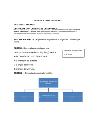 EVALUACIÓN DE LOS APRENDIZAJES
ÁREA: CIENCIAS NATURALES
DESTREZAS CON CRITERIO DE DESEMPEÑO: Analizar las teorías sobre el origen del
universo: creacionismo y” big-bang” desde la interpretación, descripción y comparación de los principios y
postulados teóricos de diversas fuentes de consulta especializada y audiovisual.
INDICADOR ESENCIAL: Expone con argumentos el origen del Universo y la
Tierra.
ORDEN1 : Subraya la respuesta correcta.
La teoría de la gran explosión (Big Bang), explica:
a) EL ORIGEN DEL SISTEMA SOLAR.
b) la formación de estrellas.
c) el origen de la tierra.
d) el origen del universo.
ORDEN 2 : Completa el organizador grafico.
TEORÍAS DEL ORIGEN DEL
UNIVERSO
………………………………………………………………….............................
...................
Creacionista nos dice
que………………………………………
…………………………………..
……………………………………………………………………………………………
……………….
Sé cómo el águila que reta
a las alturas
 