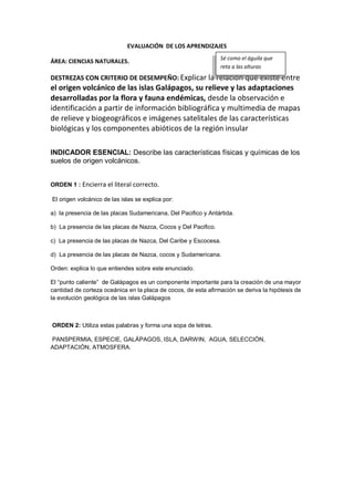 EVALUACIÓN DE LOS APRENDIZAJES
ÁREA: CIENCIAS NATURALES.
DESTREZAS CON CRITERIO DE DESEMPEÑO: Explicar la relación que existe entre
el origen volcánico de las islas Galápagos, su relieve y las adaptaciones
desarrolladas por la flora y fauna endémicas, desde la observación e
identificación a partir de información bibliográfica y multimedia de mapas
de relieve y biogeográficos e imágenes satelitales de las características
biológicas y los componentes abióticos de la región insular
INDICADOR ESENCIAL: Describe las características físicas y químicas de los
suelos de origen volcánicos.
ORDEN 1 : Encierra el literal correcto.
El origen volcánico de las islas se explica por:
a) la presencia de las placas Sudamericana, Del Pacifico y Antártida.
b) La presencia de las placas de Nazca, Cocos y Del Pacifico.
c) La presencia de las placas de Nazca, Del Caribe y Escocesa.
d) La presencia de las placas de Nazca, cocos y Sudamericana.
Orden: explica lo que entiendes sobre este enunciado.
El “punto caliente” de Galápagos es un componente importante para la creación de una mayor
cantidad de corteza oceánica en la placa de cocos, de esta afirmación se deriva la hipótesis de
la evolución geológica de las islas Galápagos
ORDEN 2: Utiliza estas palabras y forma una sopa de letras.
PANSPERMIA, ESPECIE, GALÁPAGOS, ISLA, DARWIN, AGUA, SELECCIÓN,
ADAPTACIÓN, ATMOSFERA.
Sé como el águila que
reta a las alturas
 