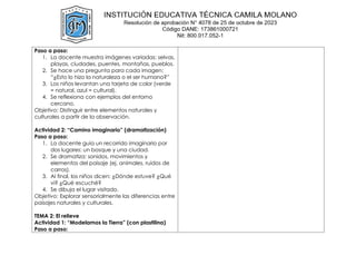 Paso a paso:
1. La docente muestra imágenes variadas: selvas,
playas, ciudades, puentes, montañas, pueblos.
2. Se hace una pregunta para cada imagen:
“¿Esto lo hizo la naturaleza o el ser humano?”
3. Los niños levantan una tarjeta de color (verde
= natural, azul = cultural).
4. Se reflexiona con ejemplos del entorno
cercano.
Objetivo: Distinguir entre elementos naturales y
culturales a partir de la observación.
Actividad 2: “Camino imaginario” (dramatización)
Paso a paso:
1. La docente guía un recorrido imaginario por
dos lugares: un bosque y una ciudad.
2. Se dramatiza: sonidos, movimientos y
elementos del paisaje (ej. animales, ruidos de
carros).
3. Al final, los niños dicen: ¿Dónde estuve? ¿Qué
vi? ¿Qué escuché?
4. Se dibuja el lugar visitado.
Objetivo: Explorar sensorialmente las diferencias entre
paisajes naturales y culturales.
TEMA 2: El relieve
Actividad 1: “Modelamos la Tierra” (con plastilina)
Paso a paso:
 