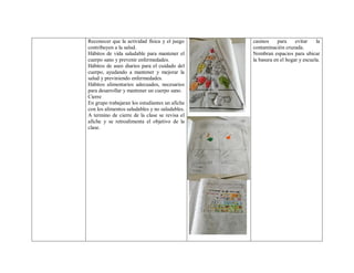 Reconocer que la actividad física y el juego
contribuyen a la salud.
Hábitos de vida saludable para mantener el
cuerpo sano y prevenir enfermedades.
Hábitos de aseo diarios para el cuidado del
cuerpo, ayudando a mantener y mejorar la
salud y previniendo enfermedades.
Hábitos alimentarios adecuados, necesarios
para desarrollar y mantener un cuerpo sano.
Cierre
En grupo trabajaran los estudiantes un afiche
con los alimentos saludables y no saludables.
A termino de cierre de la clase se revisa el
afiche y se retroalimenta el objetivo de la
clase.
casinos para evitar la
contaminación cruzada.
Nombran espacios para ubicar
la basura en el hogar y escuela.
 