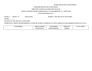 SECRETARÌA DE EDUCACIÒN PÙBLICA
                                               SUBSECRETARÌA DE EDUCACIÒN BÀSICA
                                           DIRECCIÒN GENERAL DE OPERACIÒN ESCOLAR
                             ESCUELA TELESECUNDARIA FEDERALIZADA “ALVARO OBREGON” C.T. 21DTV0422Q
                                                     PLANEACIÒN DIDÀCTICA

GRADO: 2º       GRUPO: “A”       ASIGNATURA:                      BLOQUE 5: DEL RELATO AL ESCENARIO
TIEMPO: ______________
SECUENCIA13: DEL RELATO AL ESCENARIO
COMPETENCIA: REDACTAR POR EQUIPOS UN GUIÓN DE TEATRO A PARTIR DE UN TEXTO NARRATIVO PARA REPRESENTARLO EN EL AULA

                   ACTIVIDADES                  ADECUACIONES/       CONTENIDOS           PERFIL DE        EVALUACIÒN.
                                                 ESTRATEGIAS       TRANSVERSALES          EGRESO
 