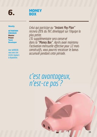 MONEY
BOX6.
Weekly
ACTIVATION
PREMIUM
Master
Power
Team
Developer
Celui qui participe au “Instant Pay Plan”
recevra 20% du TVC développé sur l’équipe la
plus petite.
1% supplémentaire sera conservé
dans la “Money Box”. Après avoir maintenu
l’activation mensuelle effective pour 12 mois
consécutifs, vous pourrez encaisser le bonus
accumulé pendant cette période.
Avec WOR(l)D,
vous avez une
tirelire toujours
à disposition.
c’est avantageux,
n’est-ce pas ?
15
 