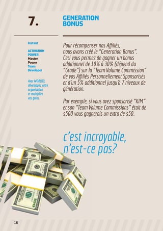 GENERATION
BONUS7.
Instant
ACTIVATION
POWER
Master
Power
Team
Developer
c’est incroyable,
n’est-ce pas?
Pour récompenser nos Affiliés,
nous avons créé le “Generation Bonus”.
Ceci vous permez de gagner un bonus
additionnel de 10% à 30% (dépend du
“Grade”) sur la “Team Volume Commission”
de vos Affiliés Personnellement Sponsorisés
et d’un 5% additionnel jusqu’à 7 niveaux de
génération.
Par exemple, si vous avez sponsorisé “KIM”
et son “Team Volume Commissions” était de
$500 vous gagnerais un extra de $50.
Avec WOR(l)D,
développez votre
organisation
et multipliez
vos gains.
16
 