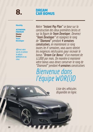 Notre “Instant Pay Plan” se base sur la
construction des deux premières bricks et
sur la figure de Team Developer. Devenez
“Team Developer” et rejoignez le rang
de “Diamond” pendant 4 semaines
consécutives, en maintenant ce rang
toutes les 4 semaines, vous aurez atteint
les exigences nécéssaires pour recevoir le
bonus “Dream Car Bonus” d’un montant de
$1,000 par mois. De manière à maintenir
votre bonus vous devez conserver le rang de
“Diamond” pendant 4 semaines consécutives
Affirmez votre
succès et achetez
la voiture
WOR(l)D de vos
rêves
Monthly
ACTIVATION
PREMIUM
Master
Power
Team
Developer
DREAM
CAR BONUS8.
Bienvenue dans
l’équipe WOR(l)D
Liste des véhicules
disponible en ligne.
18
 