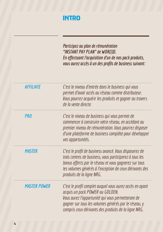 Participez au plan de rémunération
“INSTANT PAY PLAN” de WOR(l)D.
En effectuant l’acquisition d’un de nos pack produits,
vous aurez accès à un des profils de business suivant:
C’est le niveau d’entrée dans le business qui vous
permet d’avoir accès au réseau comme distributeur.
Vous pourrez acquérir les produits et gagner au travers
de la vente directe.
C’est le niveau de business qui vous permet de
commencer à construire votre réseau, en accédant au
premier niveau de rémunération. Vous pourrez disposer
d’une plateforme de business complète pour développer
vos opportunités.
C’est le profil de business avancé. Vous disposerez de
trois centres de business, vous participerez à tous les
bonus offerts par le réseau et vous gagnerez sur tous
les volumes générés à l’exception de ceux dérivants des
produits de la ligne NRG.
C’est le profil complet auquel vous aurez accès en ayant
acquis un pack POWER ou GOLDEN.
Vous aurez l’opportunité qui vous permetteront de
gagner sur tous les volumes générés par le réseau, y
compris ceux dérivants des produits de la ligne NRG.
AFFILIATE
PRO
MASTER
MASTER POWER
INTRO
4
 