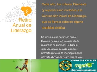 Retiro Anual de  Liderazgo Cada año, los Líderes Diamante (y superior) son invitados a la Convención Anual de Liderazgo, que se lleva a cabo en alguna  localidad exótica. Se requiere que califiquen como Diamate (o superior) durante el año calendario en cuestión. En base al viaje y localidad de cada año, los diferentes niveles de liderazgo reciben diferentes bonos de gasto para el viaje. 8 