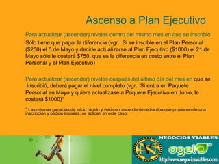 Ascenso a Plan Ejecutivo Para actualizar (ascender) niveles dentro del mismo mes en que se inscribió  Sólo tiene que pagar la diferencia (vgr.: Si se inscible en el Plan Personal ($250) el 5 de Mayo y decide actualizarse al Plan Ejecutivo ($1000) el 21 de Mayo sólo le costará $750, que es la diferencia en costo entre el Plan Personal y el Plan Ejecutivo) Para actualizar (ascender) niveles después del último día del mes en  que se  inscribió, deberá pagar el nivel completo (vgr.: Si entra en Paquete Personal en Mayo y quiere actualizase a Paquete Ejecutivo en Junio, le costará $1000)*  * Las mismas ganacias de inicio rápido y volúmen ascendente red-arriba que provienen de una  inscripción y pedido iniciales, se aplican en este caso. 