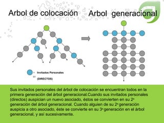 Arbol de colocación Sus invitados personales del árbol de colocación se encuentran todos en la primera generación del árbol generacional.Cuando sus invitados personales (directos) auspician un nuevo asociado, éstos se convierten en su 2 a   generación del árbol generacional. Cuando alguien de su 2 a  generación  auspicia a otro asociado, éste se convierte en su 3 a  generación en el árbol  generacional, y así sucesivamente. = personal enrollees Arbol  generacional Invitados Personales (DIRECTOS) 