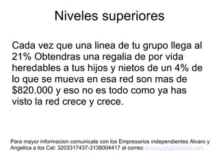 Niveles superiores Cada vez que una linea de tu grupo llega al 21% Obtendras una regalia de por vida heredables a tus hijos y nietos de un 4% de lo que se mueva en esa red son mas de $820.000 y eso no es todo como ya has visto la red crece y crece. Para mayor informacion comunicate con los Empresarios independientes Alvaro y Angelica a los Cel: 3203317437-3138004417 al correo  [email_address] 