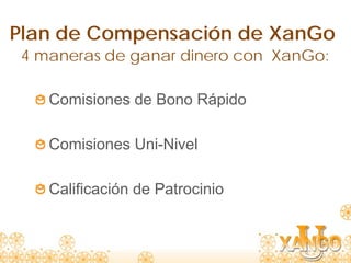 Plan de Compensación de XanGo
 4 maneras de ganar dinero con XanGo:

    Comisiones de Bono Rápido

    Comisiones Uni-Nivel

    Calificación de Patrocinio
 