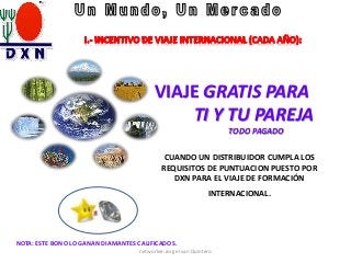 NOTA: ESTE BONO LO GANAN DIAMANTES CALIFICADOS.
CUANDO UN DISTRIBUIDOR CUMPLA LOS
REQUISITOS DE PUNTUACION PUESTO POR
DXN PARA EL VIAJE DE FORMACIÓN
INTERNACIONAL.
VIAJE GRATIS PARA
TI Y TU PAREJA
TODO PAGADO
networker:Jorge Ivan Quintero
 