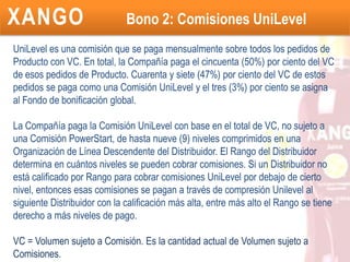 Bono 1: Ejemplo PowerStart BásicoEjemplo 1: Suponer que te inicias con 100VP sin EA activo. La compañía te paga por cada auspiciado que inicies en Xango en tu Nivel 1 y de acuerdo a la tabla. Recuerda que este bono se deposita cada viernes procesando los pedidos iniciales de la semana anterior inmediata.De acuerdo a la tabla, tu estarías recibiendo un 20% por cada pedido inicial de tus auspiciados en el nivel 1. Supongamos que tus auspiciados se inician con 200 dólares cada uno.200 x 4 = 800 dólares800 x 20% = 160 dólaresTu comisión: 160 dólaresTU100VP20%EA = Programa de envío automático mensual el cual te brinda un mejor esquema de comisión.Pedido Inicial = El primer pedido de Producto de un Distribuidor con Volumen sujeto a comisión.