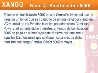 Bono 2: Ejemplo UniLevelGanancia acumuladaGanancias por nivelNIVEL 1                                   3  X  200   X    5%   =            30 DLS              30 DLSNIVEL 2                                   9  X  200   X    5%   =            90 DLS            120 DLSNIVEL 3                                 27  X  200   X  10%   =          540 DLS            660 DLSEste ejemplo de comisión es suponiendo que estas formando una red de 3 personas que le dicen a otras 3 personas.NIVEL 4                                 81  X  200   X    5%   =          810 DLS         1,470 DLSNIVEL 5                               243  X  200   X    5%   =       2,430 DLS         3,900 DLSNIVEL 6                               729  X  200   X    5%   =       7,290 DLS       11,190 DLSNIVEL 7                            2,187  X  200   X    5%   =     21,870 DLS       33,060 DLSNIVEL 8                            6,561  X  200   X    5%   =     65,610 DLS       98,670 DLSNIVEL 9                          19,683  X  200   X    2%   =   78,732 DLS       177,402 DLS
