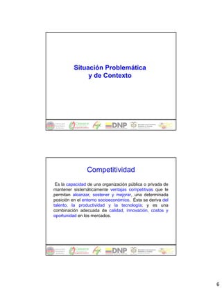 Situación Problemática
               y de Contexto




                Competitividad
 Es la capacidad de una organización pública o privada de
mantener sistemáticamente ventajas competitivas que le
permitan alcanzar, sostener y mejorar, una determinada
posición en el entorno socioeconómico. Ésta se deriva del
talento, la productividad y la tecnología; y es una
combinación adecuada de calidad, innovación, costos y
oportunidad en los mercados.




                                                            6
 