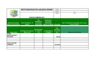 INSTITUCION EDUCATIVA AGUADITA GRANDE                              Código
                                                                                              Versión                             1
                                                                                              Página                            1 de


                                            PLAN DE COMPRAS 2013
                                                           Tipo            Identificacion
                                                       Identificacion       Funcionario
 Nombre de la Entidad      Nit de la Entidad [3 - 15    Funcionario        Responsable                    Valor Total [Maximo 20 digitos]No utilice comas,
[Maximo 100 caracteres]             digitos]           Responsable      [Maximo 15 digitos] Fiscal [AAAA]
                                                                                          Año                            puntos ni signo $


                                                                                            Valor
                                                    Mes Proyectado                       Presupuest
                          Modalidad de Contratacion de Compra [1 -      Cantidad [Maximo ado incluido
     Codigo CUBS                 [Entre 1 y 5]            12]              10 digitos]       IVA                      Descripcion del Elemento
TOTAL
INVESTIGACION Y
ESTUDIOS                                                                                        500.000




TOTAL PLAN DE
COMPRAS                                                                                      26.250.500
 