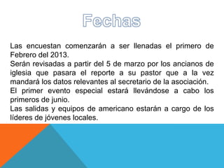 Las encuestan comenzarán a ser llenadas el primero de
Febrero del 2013.
Serán revisadas a partir del 5 de marzo por los ancianos de
iglesia que pasara el reporte a su pastor que a la vez
mandará los datos relevantes al secretario de la asociación.
El primer evento especial estará llevándose a cabo los
primeros de junio.
Las salidas y equipos de americano estarán a cargo de los
líderes de jóvenes locales.
 