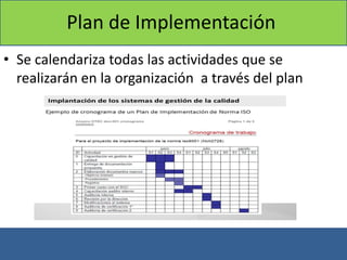 Plan de Implementación
• Se calendariza todas las actividades que se
realizarán en la organización a través del plan
 