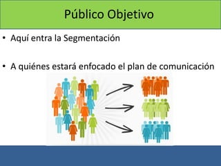 Público Objetivo
• Aquí entra la Segmentación
• A quiénes estará enfocado el plan de comunicación
 