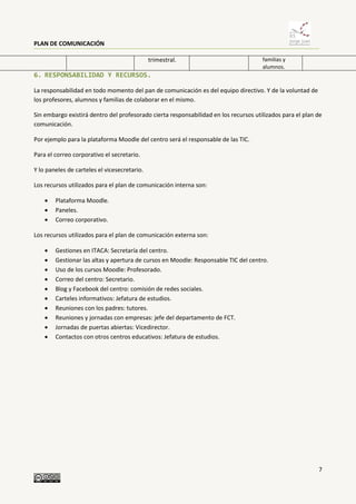 PLAN DE COMUNICACIÓN
7
trimestral. familias y
alumnos.
6. RESPONSABILIDAD Y RECURSOS.
La responsabilidad en todo momento del pan de comunicación es del equipo directivo. Y de la voluntad de
los profesores, alumnos y familias de colaborar en el mismo.
Sin embargo existirá dentro del profesorado cierta responsabilidad en los recursos utilizados para el plan de
comunicación.
Por ejemplo para la plataforma Moodle del centro será el responsable de las TIC.
Para el correo corporativo el secretario.
Y lo paneles de carteles el vicesecretario.
Los recursos utilizados para el plan de comunicación interna son:
 Plataforma Moodle.
 Paneles.
 Correo corporativo.
Los recursos utilizados para el plan de comunicación externa son:
 Gestiones en ITACA: Secretaría del centro.
 Gestionar las altas y apertura de cursos en Moodle: Responsable TIC del centro.
 Uso de los cursos Moodle: Profesorado.
 Correo del centro: Secretario.
 Blog y Facebook del centro: comisión de redes sociales.
 Carteles informativos: Jefatura de estudios.
 Reuniones con los padres: tutores.
 Reuniones y jornadas con empresas: jefe del departamento de FCT.
 Jornadas de puertas abiertas: Vicedirector.
 Contactos con otros centros educativos: Jefatura de estudios.
 