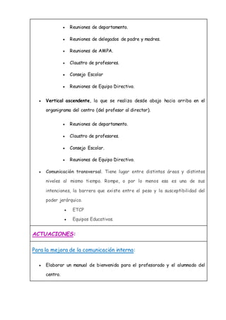  Reuniones de departamento.
 Reuniones de delegados de padre y madres.
 Reuniones de AMPA.
 Claustro de profesores.
 Consejo Escolar
 Reuniones de Equipo Directivo.
 Vertical ascendente, la que se realiza desde abajo hacia arriba en el
organigrama del centro (del profesor al director).
 Reuniones de departamento.
 Claustro de profesores.
 Consejo Escolar.
 Reuniones de Equipo Directivo.
 Comunicación transversal. Tiene lugar entre distintas áreas y distintos
niveles al mismo tiempo. Rompe, o por lo menos esa es una de sus
intenciones, la barrera que existe entre el peso y la susceptibilidad del
poder jerárquico.
 ETCP
 Equipos Educativos.
ACTUACIONES:
Para la mejora de la comunicación interna:
 Elaborar un manual de bienvenida para el profesorado y el alumnado del
centro.
 