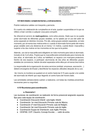 18
4.9 Actividades complementarias y extraescolares.
Podrán realizarse salidas con trasporte y pernocta.
En cuanto a la celebración de cumpleaños en el aula, quedan suspendidas en lo que se
refiere a traer comida o cualquier cosa para compartir.
Se ofrecerá el servicio de madrugadores, como años previos. Dado que no se puede
juntar alumnado de diferentes grupos estables, se ha optado por el uso del salón de
actos separado en distintos rincones. Por ello, estos grupos estarán separados, en todo
momento, por al menos tres metros entre sí; cuando el alumnado forme parte del mismo
grupo estable será una distancia de al menos 1,5 metros, cuando lleven mascarilla y
superior a los dos metros en los momentos en los que no la porten.
Además, uso de la mascarilla será obligatorio en todo momento para todo el alumnado,
incluido el de 3 a 6 años. Puesto que la mascarilla está contraindicada para menores de
tres años, el alumnado de 2 años se habilitará un espacio con mampara protectora.
Dentro de ese espacio, si participan alumnos/as de dos años de diferentes grupos
estables de convivencia, habrán de estar separados entre ellos por al menos tres metros
La responsable de la organización de estos servicios (entidad, empresas, asociación…)
deberá encargarse de limpiar y desinfectar los espacios utilizados después de su uso.
Así mismo, la monitora se quedará en el centro hasta las 9:15 para ayudar a la subida
del alumnado de Infantil que vaya llegando al centro fuera del horario dado.
Las actividades extraescolares vuelven a realizarse, con todas las medidas preventivas
necesarias para su seguridad.
4.10 Reuniones para coordinación.
a. Escenario I
Las reuniones de coordinación se realizarán de forma presencial asignando espacios
fijos para cada equipo de coordinación.
● Coordinación Educación Infantil: aula Inglés Infantil.
● Coordinación 1er nivel Educación Primaria: aula de Música.
● Coordinación 2º nivel Educación Primaria: aula de Religión.
● Coordinación 3er nivel Educación Primaria: aula de Inglés.
● Coordinación Equipo de Orientación: aula Inglés Primaria.
● CESPAD, CCP, Claustro, Consejo Escolar,…: salón de actos.
 