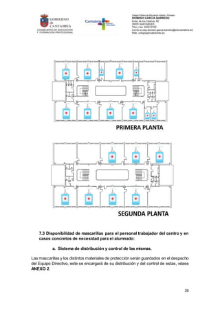26
7.3 Disponibilidad de mascarillas para el personal trabajador del centro y en
casos concretos de necesidad para el alumnado:
a. Sistema de distribución y control de las mismas.
Las mascarillas y los distintos materiales de protección serán guardados en el despacho
del Equipo Directivo, este se encargará de su distribución y del control de estas, véase
ANEXO 2.
 