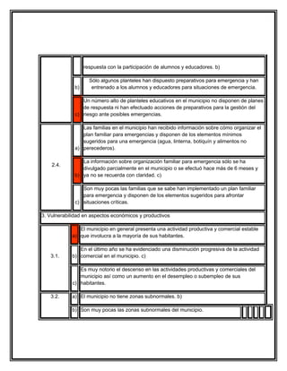 respuesta con la participación de alumnos y educadores. b)

                     Sólo algunos planteles han dispuesto preparativos para emergencia y han
              b)      entrenado a los alumnos y educadores para situaciones de emergencia.

                 Un número alto de planteles educativos en el municipio no disponen de planes
                 de respuesta ni han efectuado acciones de preparativos para la gestión del
              c) riesgo ante posibles emergencias.

                 Las familias en el municipio han recibido información sobre cómo organizar el
                 plan familiar para emergencias y disponen de los elementos mínimos
                 sugeridos para una emergencia (agua, linterna, botiquín y alimentos no
              a) perecederos).

                 La información sobre organización familiar para emergencia sólo se ha
    2.4.
                 divulgado parcialmente en el municipio o se efectuó hace más de 6 meses y
              b) ya no se recuerda con claridad. c)

                 Son muy pocas las familias que se sabe han implementado un plan familiar
                 para emergencia y disponen de los elementos sugeridos para afrontar
              c) situaciones críticas.

3. Vulnerabilidad en aspectos económicos y productivos

               El municipio en general presenta una actividad productiva y comercial estable
            a) que involucra a la mayoría de sus habitantes.

               En el último año se ha evidenciado una disminución progresiva de la actividad
   3.1.     b) comercial en el municipio. c)

                Es muy notorio el descenso en las actividades productivas y comerciales del
                municipio así como un aumento en el desempleo o subempleo de sus
             c) habitantes.

   3.2.     a) El municipio no tiene zonas subnormales. b)

            b) Son muy pocas las zonas subnormales del municipio.
 