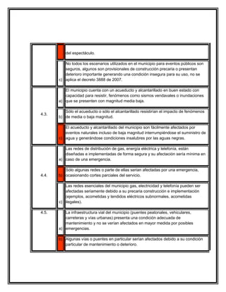 del espectáculo.

          No todos los escenarios utilizados en el municipio para eventos públicos son
          seguros, algunos son provisionales de construcción precaria o presentan
          deterioro importante generando una condición insegura para su uso, no se
       c) aplica el decreto 3888 de 2007.

          El municipio cuenta con un acueducto y alcantarillado en buen estado con
          capacidad para resistir, fenómenos como sismos vendavales o inundaciones
       a) que se presenten con magnitud media baja.

          Sólo el acueducto o sólo el alcantarillado resistirían el impacto de fenómenos
4.3.
       b) de media o baja magnitud.

          El acueducto y alcantarillado del municipio son fácilmente afectados por
          eventos naturales incluso de baja magnitud interrumpiéndose el suministro de
       c) agua y generándose condiciones insalubres por las aguas negras.

          Las redes de distribución de gas, energía eléctrica y telefonía, están
          diseñadas e implementadas de forma segura y su afectación sería mínima en
       a) caso de una emergencia.

          Sólo algunas redes o parte de ellas serian afectadas por una emergencia,
4.4.   b) ocasionando cortes parciales del servicio.

          Las redes esenciales del municipio gas, electricidad y telefonía pueden ser
          afectadas seriamente debido a su precaria construcción e implementación
          (ejemplos, acometidas y tendidos eléctricos subnormales, acometidas
       c) ilegales).

4.5.      La infraestructura vial del municipio (puentes peatonales, vehiculares,
          carreteras y vías urbanas) presenta una condición adecuada de
          mantenimiento y no se verían afectados en mayor medida por posibles
       a) emergencias.

       b) Algunas vías o puentes en particular serían afectados debido a su condición
          particular de mantenimiento o deterioro.
 