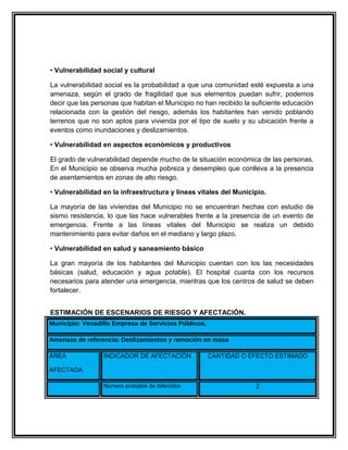 • Vulnerabilidad social y cultural

La vulnerabilidad social es la probabilidad a que una comunidad esté expuesta a una
amenaza, según el grado de fragilidad que sus elementos puedan sufrir, podemos
decir que las personas que habitan el Municipio no han recibido la suficiente educación
relacionada con la gestión del riesgo, además los habitantes han venido poblando
terrenos que no son aptos para vivienda por el tipo de suelo y su ubicación frente a
eventos como inundaciones y deslizamientos.

• Vulnerabilidad en aspectos económicos y productivos

El grado de vulnerabilidad depende mucho de la situación económica de las personas.
En el Municipio se observa mucha pobreza y desempleo que conlleva a la presencia
de asentamientos en zonas de alto riesgo.

• Vulnerabilidad en la infraestructura y líneas vitales del Municipio.

La mayoría de las viviendas del Municipio no se encuentran hechas con estudio de
sismo resistencia, lo que las hace vulnerables frente a la presencia de un evento de
emergencia. Frente a las líneas vitales del Municipio se realiza un debido
mantenimiento para evitar daños en el mediano y largo plazo.

• Vulnerabilidad en salud y saneamiento básico

La gran mayoría de los habitantes del Municipio cuentan con los las necesidades
básicas (salud, educación y agua potable). El hospital cuanta con los recursos
necesarios para atender una emergencia, mientras que los centros de salud se deben
fortalecer.


ESTIMACIÓN DE ESCENARIOS DE RIESGO Y AFECTACIÓN.
Municipio: Venadillo Empresa de Servicios Públicos.

Amenaza de referencia: Deslizamientos y remoción en masa

ÁREA             INDICADOR DE AFECTACIÓN              CANTIDAD O EFECTO ESTIMADO

AFECTADA

                 Número probable de fallecidos                     2
 