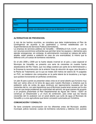 Alto

Medio

Bajo             Existe una afectación baja ya que la afectación no sobrepasa el 30 %




ALTERNATIVAS DE PREVENCION.

A raíz de los hechos ocurridos, se considera que debe implementarse el Plan de
Contingencia de acuerdo a los parámetros y normas establecidas por la
Superintendencia de Servicios Públicos Domiciliarios.
La empresa de servicios públicos de Venadillo – VENADILLO S.A. E.S.P., no cuenta
con recursos económicos suficientes que permitan tener los equipos y elementos para
atender emergencias; sin embargo, la administración municipal en cabeza del señor
alcalde, están prestos a colaborar en caso de una eventualidad, lo mismo que la
defensa civil y el cuerpo de bomberos voluntarios.

En el año 2008 y 2009 por la fuerte oleada invernal en el país y caso especial el
Municipio de Venadillo, se presento una serie de crecientes en nuestra fuente
abastecedora del Rio Totare, que nos obligo acelerar por parte de la Administración y
la Empresa la reconstrucción de la anterior línea de aducción de agua, para llevarla a
la Planta de Tratamiento; por lo que se instalo 220 metros de tubería de 14 pulgadas
en PVC, se instalaron dos compuertas en la parte lateral de la bocatoma y se logro
que quedara funcionando en perfectas condiciones.

Un plan B para cuando se presentan estas crisis es el canal abierto que funciono muy
bien por varios años en la toma de agua para nuestro Municipio y evitamos que la
población sufra de cortes de agua continuos por taponamiento causados por las
crecientes del rio, con esto lograremos que el Municipio pueda tener acceso por la otra
línea sin que tenga problemas de continuidad del servicio; de igual manera de acuerdo
a un proyecto presentado al Plan Departamental de Aguas del Tolima - EDAT se
construyo un Desarenador y un muro de contención, para evitar que las futuras
crecientes del rio acabaran con el canal abierto que surte de agua al Municipio de
Venadillo y a unos agricultores que tienen concesión autorizada por Cortolima.

COMUNICACIÓN Y CONSULTA

Se tiene constante comunicación con los diferentes entes del Municipio: alcaldía
municipal, policía nacional, cuerpo de bomberos voluntarios y defensa civil, quienes
 