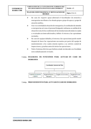 CONSORCIO
BARBA UBR
“AMPLIACION DE LA CAPACIDAD DE ALBERGUE DEL
ESTABLECIMIENTO PENITENCIARIO CHIMBOTE” Versión: v.01
PLAN DE CONT INGENCIA Y MIT ICACION DE
RIESGO
Página: 39 de 41
CONSORCIO BARBA UBR
39
 En caso de requerir apoyo adicional el Coordinador de atención a
emergencias movilizara a los demás grupos: grupo de apoyo y grupo de
atención médica.
 Una vez controlada la situación de emergencia,el coordinadorde atención
a emergencias así como el personal designado realizaran un análisis de la
situación real y de las condiciones de las instalaciones afectadas en cuanto
a eventuales acciones adicionales y definir el retorno a las operaciones
normales.
 En caso de equipos dañados, el retorno a las operaciones puede ocurrir
después de hacer las reparaciones necesarias por parte del equipo de
mantenimiento o los cuales estarán sujetos a un estricto control de
inspecciones y pruebas antes de iniciar las operaciones.
 Todo el sistema eléctrico que hubiera estado involucrado en el incidente
será cuidadosamente revisado.
7.12.2. DIAGRAMA DE FUNCIONES PARA ACT UAR EN CASO DE
DERRAMES
7.12.3. PROCEDIMIENT O PARA ACT UAR EN CASO DE DERRAMES
 
