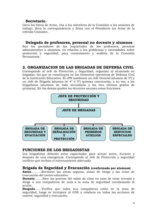 Secretario.-
Lleva los libros de Actas, cita a los miembros de la Comisión a las sesiones de
trabajo, lleva la correspondencia y firma con el Presidente las Actas de la
referida Comisión.


  Delegado de profesores, personal no docente y alumnos.-
Son los portadores de las inquietudes de los profesores, personal
administrativo o alumnos, en relación a los problemas y necesidades sobre
protección y seguridad, para conocimiento y análisis de la Comisión
Permanente.


2. ORGANIZACION DE LAS BRIGADAS DE DEFENSA CIVIL
Corresponde al Jefe de Protección y Seguridad, organizar al alumnado en
brigadas, las que se constituyen en los elementos operativos de Defensa Civil
de la Institución Educativa. El JPS nombrará un Jefe General (alumno de 5º) y
un Jefe de Brigada (alumno de 4º ó 5º) quienes convocarán, a su vez, a los
brigadistas (alumnos de toda secundaria y los tres últimos grados de
primaria). En los demás grados los docentes asumen estas funciones.

                         JEFE DE PROTECCIÓN Y
                              SEGURIDAD


                           JEFE DE BRIGADAS




 BRIGADA DE           BRIGADA DE          BRIGADA DE           BRIGADA DE
 SEGURIDAD Y         SEÑALIZACIÓN          PRIMEROS             SERVICIOS
 EVACUACIÓN               Y                AUXILIOS            ESPECIALES
                      PROTECCIÓN


FUNCIONES DE LOS BRIGADISTAS
Los brigadistas deberán estar capacitados para actuar antes, durante y
después de una emergencia. Corresponde al Jefe de Protección y seguridad
verificar que reciban el entrenamiento adecuado.

Brigada de Seguridad y Evacuación           (conformada por alumnos)
Antes………..Reconoce las zonas seguras, zonas de riesgo y las rutas de
evacuación del centro educativo.
Durante……..Abre las puertas del salón de clase en caso de estar cerrada y
dirige a sus compañeros de aula a la zona de seguridad encabezando la
acción.
Después…….Verifica que todos sus compañeros estén en la zona de
seguridad, luego se incorpora al COE y colabora en todas las acciones de
control, seguridad y evacuación.

                                                                             4
 