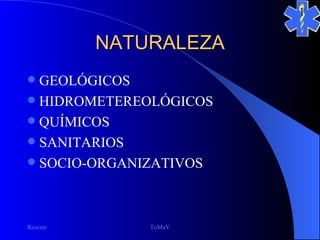 NATURALEZA
 GEOLÓGICOS
 HIDROMETEREOLÓGICOS
 QUÍMICOS
 SANITARIOS
 SOCIO-ORGANIZATIVOS




Rescate       ToMaV
 