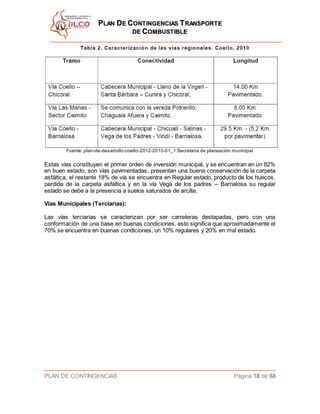 PPLLAANN DDEE CCOONNTTIINNGGEENNCCIIAASS TTRRAANNSSPPOORRTTEE
DDEE CCOOMMBBUUSSTTIIBBLLEE
PLAN DE CONTINGENCIAS Página 18 de 68
Fuente: plan-de-desarrollo-coello-2012-2015-01_1 Secretaria de planeación municipal
Estas vías constituyen el primer orden de inversión municipal, y se encuentran en un 82%
en buen estado, son vías pavimentadas, presentan una buena conservación de la carpeta
asfáltica, el restante 18% de vía se encuentra en Regular estado, producto de los huecos,
perdida de la carpeta asfáltica y en la vía Vega de los padres – Barrialosa su regular
estado se debe a la presencia a suelos saturados de arcilla.
Vías Municipales (Terciarias):
Las vías terciarias se caracterizan por ser carreteras destapadas, pero con una
conformación de una base en buenas condiciones, esto significa que aproximadamente el
70% se encuentra en buenas condiciones, un 10% regulares y 20% en mal estado.
 