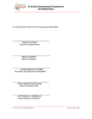 PPLLAANN DDEE CCOONNTTIINNGGEENNCCIIAASS TTRRAANNSSPPOORRTTEE
DDEE CCOOMMBBUUSSTTIIBBLLEE
PLAN DE CONTINGENCIAS Página 68 de 68
En constancia de lo anterior firman las personas relacionadas.
________________________________________
ROCIO ALVAREZ
Gerente de Operaciones
_____________________________________
OBED LEANDRO
Jefe de Transporte
_____________________________________
ELIANA MARCELA OSPINA
Supervisor de Operaciones Industriales
________________________________________
SILVIA MARIA ROJAS MEJIA
Área de Calidad y HSE
_____________________________________
JEFFERSON A. ROMERO G.
Asesor Externo de SG-SST
 