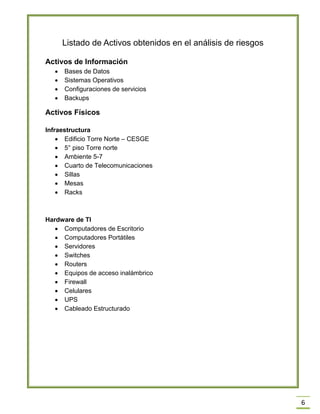 6 
Listado de Activos obtenidos en el análisis de riesgos 
Activos de Información 
 Bases de Datos 
 Sistemas Operativos 
 Configuraciones de servicios 
 Backups 
Activos Físicos 
Infraestructura 
 Edificio Torre Norte – CESGE 
 5° piso Torre norte 
 Ambiente 5-7 
 Cuarto de Telecomunicaciones 
 Sillas 
 Mesas 
 Racks 
Hardware de TI 
 Computadores de Escritorio 
 Computadores Portátiles 
 Servidores 
 Switches 
 Routers 
 Equipos de acceso inalámbrico 
 Firewall 
 Celulares 
 UPS 
 Cableado Estructurado 
 