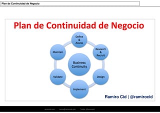 ramirocid.com ramiro@ramirocid.com Twitter: @ramirocid
Plan de Continuidad de Negocio
Ramiro Cid | @ramirocid
Plan de Continuidad de Negocio
 