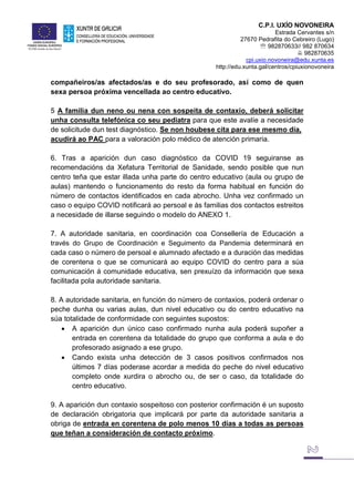 C.P.I. UXÍO NOVONEIRA
Estrada Cervantes s/n
27670 Pedrafita do Cebreiro (Lugo)
 982870633// 982 870634
 982870635
cpi.uxio.novoneira@edu.xunta.es
http://edu.xunta.gal/centros/cpiuxionovoneira
compañeiros/as afectados/as e do seu profesorado, así como de quen
sexa persoa próxima vencellada ao centro educativo.
5 A familia dun neno ou nena con sospeita de contaxio, deberá solicitar
unha consulta telefónica co seu pediatra para que este avalíe a necesidade
de solicitude dun test diagnóstico. Se non houbese cita para ese mesmo día,
acudirá ao PAC para a valoración polo médico de atención primaria.
6. Tras a aparición dun caso diagnóstico da COVID 19 seguiranse as
recomendacións da Xefatura Territorial de Sanidade, sendo posible que nun
centro teña que estar illada unha parte do centro educativo (aula ou grupo de
aulas) mantendo o funcionamento do resto da forma habitual en función do
número de contactos identificados en cada abrocho. Unha vez confirmado un
caso o equipo COVID notificará ao persoal e ás familias dos contactos estreitos
a necesidade de illarse seguindo o modelo do ANEXO 1.
7. A autoridade sanitaria, en coordinación coa Consellería de Educación a
través do Grupo de Coordinación e Seguimento da Pandemia determinará en
cada caso o número de persoal e alumnado afectado e a duración das medidas
de corentena o que se comunicará ao equipo COVID do centro para a súa
comunicación á comunidade educativa, sen prexuízo da información que sexa
facilitada pola autoridade sanitaria.
8. A autoridade sanitaria, en función do número de contaxios, poderá ordenar o
peche dunha ou varias aulas, dun nivel educativo ou do centro educativo na
súa totalidade de conformidade con seguintes supostos:
 A aparición dun único caso confirmado nunha aula poderá supoñer a
entrada en corentena da totalidade do grupo que conforma a aula e do
profesorado asignado a ese grupo.
 Cando exista unha detección de 3 casos positivos confirmados nos
últimos 7 días poderase acordar a medida do peche do nivel educativo
completo onde xurdira o abrocho ou, de ser o caso, da totalidade do
centro educativo.
9. A aparición dun contaxio sospeitoso con posterior confirmación é un suposto
de declaración obrigatoria que implicará por parte da autoridade sanitaria a
obriga de entrada en corentena de polo menos 10 días a todas as persoas
que teñan a consideración de contacto próximo.
 