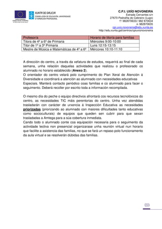 C.P.I. UXÍO NOVONEIRA
Estrada Cervantes s/n
27670 Pedrafita do Cebreiro (Lugo)
℡ 982870633// 982 870634
982870635
cpi.uxio.novoneira@edu.xunta.es
http://edu.xunta.gal/centros/cpiuxionovoneira
Profesor/a Horario de titoría para familias
Titora de 4º a 6º de Primaria Miércoles 9:00-10:00
Titor de 1º a 3º Primaria Luns 12:15-13:15
Mestre de Música e Matemáticas de 4º a 6º Mércores 10:10-11:10
A dirección do centro, a través da xefatura de estudos, requerirá ao final de cada
semana, unha relación daquelas actividades que realizou o profesorado co
alumnado no horario establecido (Anexo 2).
O orientador do centro velará polo cumprimento do Plan Xeral de Atención á
Diversidade e coordinará a atención ao alumnado con necesidades educativas
Especiais. Manterá contacto periódico coas familias e co alumnado para facer o
seguimento. Deberá recoller por escrito toda a información recompilada.
O mesmo día do peche o equipo directivos afrontará cos recursos tecnolóxicos do
centro, as necesidades TIC máis perentorias do centro. Unha vez atendidas
trasladarán con carácter de urxencia á Inspección Educativa as necesidades
priorizadas (priorizando ao alumnado con maiores dificultades tanto educativas
como socioculturais) de equipos que queden sen cubrir para que sexan
trasladadas a Amtega para a súa cobertura inmediata.
Cando todo o alumnado conte coa equipación necesaria para o seguimento da
actividade lectiva non presencial organizarase unha reunión virtual nun horario
que facilite a asistencia das familias, no que se fará un repaso polo funcionamento
da aula virtual e se resolverán dúbidas das familias.
 