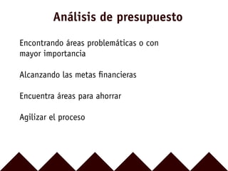 Encontrando áreas problemáticas o con
mayor importancia
Alcanzando las metas ﬁnancieras
Encuentra áreas para ahorrar
Agilizar el proceso
Análisis de presupuesto
 