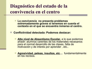 Diagnóstico del estado de la convivencia en el centro La convivencia  no presenta problemas extremadamente graves si tenemos en cuenta el contexto en el que se encuentra inmerso el centro. Conflictividad detectada: Podemos destacar: Alto nivel de Absentismo Escolar ,  a lo que podemos añadir: alumnos carentes de los materiales necesarios para el normal desarrollo de las clases, falta de motivación y de interés por aprender , etc.. Agresividad, peleas, insultos, etc …  fundamentalmente en los recreos. 