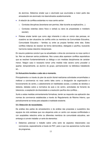 de alumnos. Debemos sinalar que o alumnado que acumulaba a maior parte das
    amoestación era alumnado moi desmotivados academicamente.

•   A relación de conflitos existentes no noso centro serían:

    o   Condutas disruptivas (levantarse sen permiso, falar durante as explicacións...).

    o   Condutas violentas (dano físico e verbal) ou dano ás propiedades e mobilario
        escolar).

•   Pódese sinalar tamén que como algo inherente á vida en común das persoas, en
    ocasións se dan situacións de conflito entre os membros da Comunidade Educativa,
    Comunidade Educativa – familias ou entre as propias familias entre elas. Estes
    conflitos trátanse de resolver de forma democrática, dialogada e pacífica, buscando
    harmonía nestas relacións interpersoais.

En resumo podemos concluír que na actualidade o clima de convivencia no noso centro é
bo. Non se observan serios problemas. Nos cursos altos aparecen conflitos esporádicos
que se resolven fundamentalmente co diálogo e con medidas disciplinarias de carácter
menor. Nalgún caso é necesario tomar unha medida máis severa como proceder a
apartar, temporalmente, ao alumno do grupo, permanecendo na biblioteca traballando
só...

5.4 Actuacións levadas a cabo ata o momento.

Principalmente e a través do plan de acción titorial realízanse actividades encamiñadas a
mellorar a convivencia no noso centro tales como: a divulgación da organización e
funcionamento do centro, o adestramento en habilidades sociais, a análise de dereitos e
deberes, debates sobre a normativa da aula e do centro, actividades de fomento da
tolerancia, a aceptación da diversidade e a resolución pacífica dos conflitos…

Xunto a estas medidas eminentemente formativas, tamén se responde coa aplicación das
normas de convivencia establecidas a través do Regulamento de Réxime Interno, que
periodicamente se revisa para adaptalo á realidade existente.

5.5. Detección de necesidades.

Da análise dos partes de amoestacións e da análise das propostas e suxestións dos
equipos de ciclo extráese que nos atopamos ante un centro con escasa conflitividade e
con aceptables relacións entre os diferentes membros da comunidade educativa, sen
embargo si convén traballar un serie de elementos:

•   Debemos potenciar o traballo sobre unha serie de aspectos relacionados coa
    convivencia, especialmente a través do PAT, para o que nos apoiaremos nunha serie
    de programas.
                                          13
 