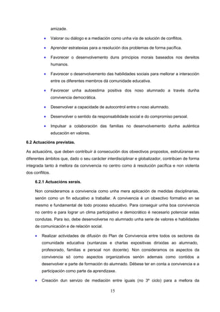 amizade.

          •      Valorar ou diálogo e a mediación como unha vía de solución de conflitos.

          •      Aprender estratexias para a resolución dos problemas de forma pacífica.

          •      Favorecer o desenvolvemento duns principios morais baseados nos dereitos
                 humanos.

          •      Favorecer o desenvolvemento das habilidades sociais para mellorar a interacción
                 entre os diferentes membros dá comunidade educativa.

          •      Favorecer unha autoestima positiva dos noso alumnado a través dunha
                 convivencia democrática.

          •      Desenvolver a capacidade de autocontrol entre o noso alumnado.

          •      Desenvolver o sentido da responsabilidade social e do compromiso persoal.

          •      Impulsar a colaboración das familias no desenvolvemento dunha auténtica
                 educación en valores.

6.2 Actuacións previstas.

As actuacións, que deben contribuír á consecución dos obxectivos propostos, estrutúranse en
diferentes ámbitos que, dado o seu carácter interdisciplinar e globalizador, contribúen de forma
integrada tanto á mellora da convivencia no centro como á resolución pacífica e non violenta
dos conflitos.

     6.2.1 Actuacións xerais.

     Non consideramos a convivencia como unha mera aplicación de medidas disciplinarias,
     senón como un fin educativo a traballar. A convivencia é un obxectivo formativo en se
     mesmo e fundamental de todo proceso educativo. Para conseguir unha boa convivencia
     no centro e para lograr un clima participativo e democrático é necesario potenciar estas
     condutas. Para iso, debe desenvolverse no alumnado unha serie de valores e habilidades
     de comunicación e de relación social.

     •   Realizar actividades de difusión do Plan de Convivencia entre todos os sectores da
         comunidade educativa (xuntanzas e charlas expositivas dirixidas ao alumnado,
         profesorado, familias e persoal non docente). Non consideramos os aspectos da
         convivencia só como aspectos organizativos senón ademais como contidos a
         desenvolver e parte de formación do alumnado. Débese ter en conta a convivencia e a
         participación como parte da aprendizaxe.

     •   Creación dun servizo de mediación entre iguais (no 3º ciclo) para a mellora da

                                                 15
 