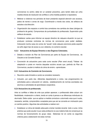 convivencia no centro; debe ter un carácter preventivo, pero tamén debe ser unha
    medida directa de resolución de conflitos e unha medida posterior e reparadora.

•   Mellorar a vixilancia nos períodos de lecer prestando especial atención aos accesos,
    patios de recreo e zonas de xogo. Coordinación a través dos ciclos, da xefatura de
    estudos e da dirección.

•   Organización dos espazos e control dos corredores nos cambios de clase (obrigas do
    profesor/a de garda). Compromisos de puntualidade do profesorado. Supervisión pola
    xefatura de estudo.

•   Establecer canles para informar ao equipo directivo de calquera situación na que se
    produzan condutas contrarias ás normas de convivencia para poder atallalas.
    Colocación dunha caixa de correo de “axuda” onde calquera alumno/a poida expoñer
    se sofre algún tipo de acoso ou se o detectou no contorno escolar.

6.2.2   Actuacións do Equipo Directivo e dos Órganos Colexiados.

•   Debate e revisión do Plan de Convivencia por parte do Equipo de Convivencia, do
    Claustro e do Consello Escolar.

•   Concreción de actuacións para cada curso escolar (Plan xeral anual). Trátase da
    adaptación e posta en marcha daquelas accións anuais que, partindo do Plan de
    Convivencia, axuden á mellora do clima de ensino - aprendizaxe.

6.2.3 Actuacións do Comisión de Convivencia.

•   Reunións cada trimestre e cando se considere necesario.

•   Inclusión, por parte dos diferentes departamento e ciclos, nas programacións de
    actividades para a educación en valores, establecemento de normas acordadas cos
    alumnos e actividades de aprendizaxe cooperativa.

6.2.4 Actuacións do profesorado.

Ante os conflitos e faltas de orde que poidan aparecer, o profesorado debe actuar con
flexibilidade, moderación e criterio, tendo en conta á persoa e as diferenzas individuais do
alumnado. Debe coidar que ao aplicar a medida correctora o alumnado vexa que é xusta,
necesaria, sentida, comprendida e aceptada para que así se converta en motivación para
un cambio positivo. Algunhas das actividades a realizar son:

•   Establecer un clima de traballo adecuado e tentar mantelo durante todo o curso. Unha
    práctica que pode axudar é que cada profesor/a na súa materia trate de consensuar as
    normas de funcionamento do grupo clase. Deberase ter en conta os seguintes
    criterios para a elaboración de estas normas:

                                          16
 