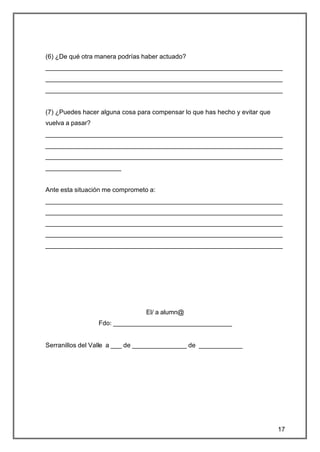 (6) ¿De qué otra manera podrías haber actuado?
__________________________________________________________________
__________________________________________________________________
__________________________________________________________________


(7) ¿Puedes hacer alguna cosa para compensar lo que has hecho y evitar que
vuelva a pasar?
__________________________________________________________________
__________________________________________________________________
__________________________________________________________________
_____________________


Ante esta situación me comprometo a:
__________________________________________________________________
__________________________________________________________________
__________________________________________________________________
__________________________________________________________________
__________________________________________________________________




                                 El/ a alumn@
                  Fdo: _________________________________


Serranillos del Valle a ___ de _______________ de ____________




                                                                             17
 
