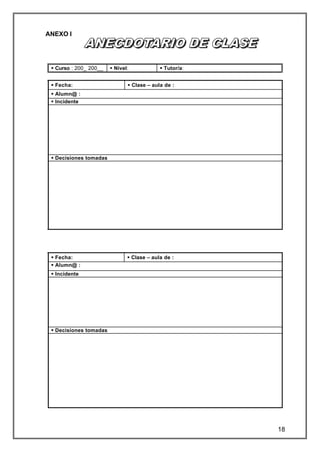 ANEXO I




 § Curso : 200_ 200__   § Nivel:            § Tutor/a:


 § Fecha:                      § Clase – aula de :
 § Alumn@ :
 § Incidente




 § Decisiones tomadas




 § Fecha:                      § Clase – aula de :
 § Alumn@ :
 § Incidente




 § Decisiones tomadas




                                                         18
 