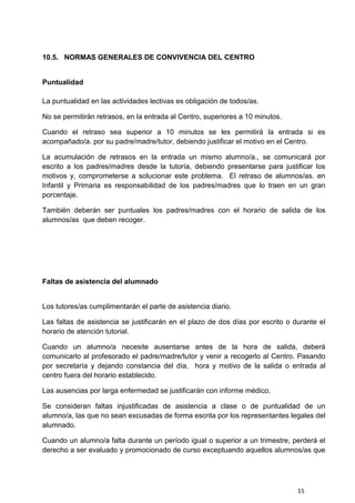 15
10.5. NORMAS GENERALES DE CONVIVENCIA DEL CENTRO
Puntualidad
La puntualidad en las actividades lectivas es obligación de todos/as.
No se permitirán retrasos, en la entrada al Centro, superiores a 10 minutos.
Cuando el retraso sea superior a 10 minutos se les permitirá la entrada si es
acompañado/a. por su padre/madre/tutor, debiendo justificar el motivo en el Centro.
La acumulación de retrasos en la entrada un mismo alumno/a., se comunicará por
escrito a los padres/madres desde la tutoría, debiendo presentarse para justificar los
motivos y, comprometerse a solucionar este problema. El retraso de alumnos/as. en
Infantil y Primaria es responsabilidad de los padres/madres que lo traen en un gran
porcentaje.
También deberán ser puntuales los padres/madres con el horario de salida de los
alumnos/as que deben recoger.
Faltas de asistencia del alumnado
Los tutores/as cumplimentarán el parte de asistencia diario.
Las faltas de asistencia se justificarán en el plazo de dos días por escrito o durante el
horario de atención tutorial.
Cuando un alumno/a necesite ausentarse antes de la hora de salida, deberá
comunicarlo al profesorado el padre/madre/tutor y venir a recogerlo al Centro. Pasando
por secretaría y dejando constancia del día, hora y motivo de la salida o entrada al
centro fuera del horario establecido.
Las ausencias por larga enfermedad se justificarán con informe médico.
Se consideran faltas injustificadas de asistencia a clase o de puntualidad de un
alumno/a, las que no sean excusadas de forma escrita por los representantes legales del
alumnado.
Cuando un alumno/a falta durante un período igual o superior a un trimestre, perderá el
derecho a ser evaluado y promocionado de curso exceptuando aquellos alumnos/as que
 