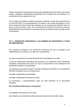22
Podrán corregirse las actuaciones del alumnado realizadas fuera del recinto y del horario
escolar, motivadas o directamente relacionadas con el ejercicio de sus derechos y el
cumplimiento de sus deberes como tal.
En la circular a los padres y madres de alumnos y alumnas, normas de convivencia para
el curso 2015/2016, se cita textualmente “En relación a las nuevas tecnologías y el uso
de los medios de comunicación tipo whatsapp, se les recuerda que debemos hacer un
buen uso de los mismos, a favor de un buen clima de convivencia. El centro no se hace
responsable de los comentarios o informaciones que se emitan a través de estas vías de
comunicación”.
10.7.1. CONDUCTAS CONTRARIAS A LAS NORMAS DE CONVIVENCIA Y PLAZO
DE PRESCRIPCIÓN
Son conductas contrarias a las normas de convivencia las que se opongan a las
establecidas por los Centros y, en todo caso, las siguientes:
Los actos que perturben el normal desarrollo de las actividades de la clase.
La falta de colaboración sistemática del alumnado en la realización de las actividades
orientadas al desarrollo del currículo, así como el seguimiento de las orientaciones del
profesorado respecto a su aprendizaje.
Las conductas que puedan impedir o dificultar el ejercicio del derecho o el cumplimiento
del deber de estudiar por sus compañeros/as.
Las faltas injustificadas de puntualidad.
Las faltas injustificadas de asistencia a clase.
La incorrección y desconsideración hacia los otros miembros de la Comunidad
Educativa.
Son consideras faltas graves o muy graves:
Las repetidas interrupciones en la clase.
Las molestias a los compañeros interrumpiendo el desarrollo normal de la clase.
 