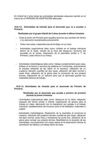 34
En Infantil de 3 años todas las actividades planteadas adquieren sentido en el
marco de un PERÍODO DE ADAPTACIÓN adecuado.
10.9.1.4. Actividades de tránsito para el alumnado que va a acceder a
Primaria.
Realizadas por el grupo Infantil de 5 años durante el último trimestre.
- Visita al centro de Primaria para aquellos alumnos que cambien de Centro
o no estuvieron escolarizados previamente.
- Visita a las aulas y dependencias de la etapa, en su caso.
- Actividades organizativas tales como: énfasis en el trabajo individual
dentro de la clase, retraso de la hora del desayuno, consumo del
bocadillo en el recreo, disposición de la asamblea similar a 1º de
Primaria ( cada niño/a en su mesa).
- Actividades metodológicas tales como: trabajo complementario para casa,
énfasis en la lectura y escritura de palabras en minúsculas, acercamiento
al proceso enlazado de las letras en la escritura, utilización de un
cuaderno (tamaño cuartilla) de dos rayas, utilización del lápiz normal y
ceras finas, utilización de la goma para la corrección de sus propios
errores, disposición de un estuche para que el alumnado guarde sus
materiales básicos de trabajo.
10.9.1.5. Actividades de tránsito para el alumnado de Primero de
Primaria.
Realizadas por el alumnado que accede a primero de primaria
durante el primer trimestre.
- Actividades organizativas tales como: desayuno en la clase, relajación
después del recreo similar a Infantil, organización de grupos para el
trabajo en clase, alternando con la disposición por parejas o el trabajo
individual, establecimiento de rincones como el de biblioteca, ordenador o
juegos.
- Actividades metodológicas: Realización de la asamblea al comenzar la
mañana, utilización del cuaderno tamaño cuartilla de dos rayas, utilización
del lápiz normal, ceras finas y rotuladores de punta fina, utilización de la
goma para corregir sus propios errores, flexibilidad en la duración de las
actividades, una evaluación con mayor pesos en la observación directa, la
asimilación de hábitos y el trabajo diario de clase.
 